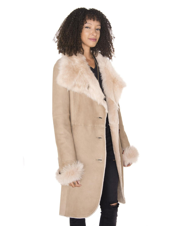 Womens Suede Merino Shearling Coat with Toscana Collar-Hanoi - Brown