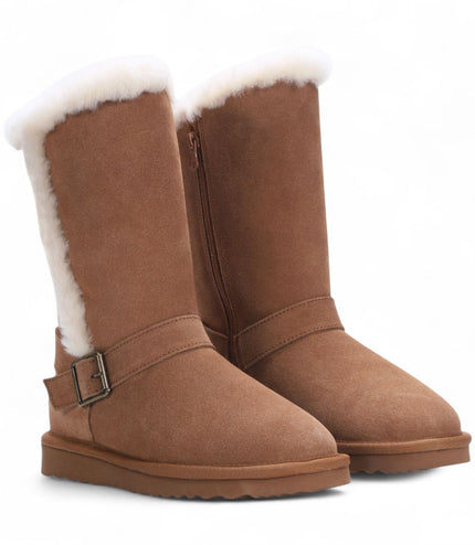 Women's Genuine Sheepskin Tan Brown Suede Calf Winter Warm Boots - Redwood