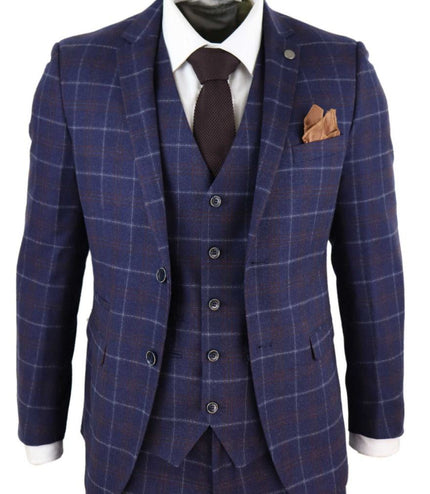 Mens 3 Piece Navy Blue Wool Check Retro Suit