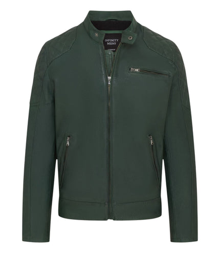 Mens Green Leather Quilted Shoulder Biker Jacket - Rock