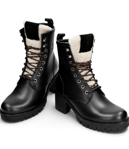 Panama Jack Women's Black Leather Waterproof Warm Heeled Lace-Up Boots - Tibi B1