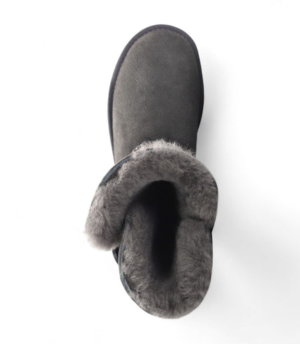 Women's Sheepskin Suede Grey Button Warm Winter Calf Boots - Willow