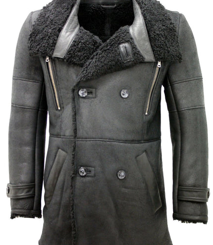 Mens Double Breasted Sheepskin Reefer Coat-Candon