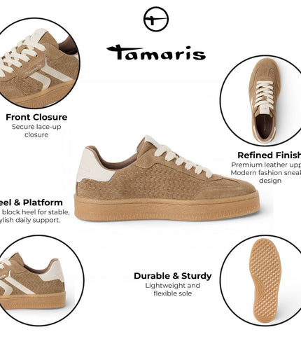 Tamaris Women's Taupe Leather White Stripes Trainers Sneaker Shoes