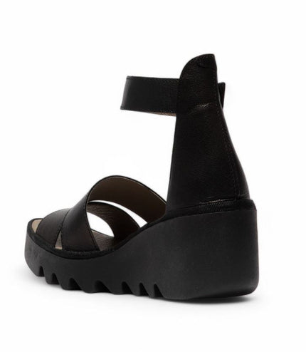 Fly London Women's Bono290Fly Black Mousse Leather Wedge Sandals