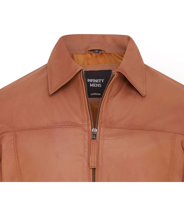 Mens Retro 100% Nappa Leather Harington Biker Jacket - Tan