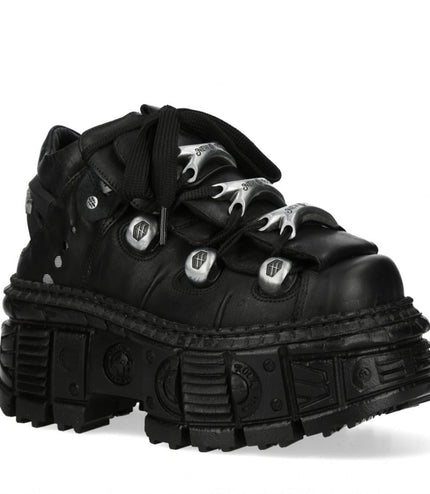 New Rock M-Overz106B-C1 Metallic Chunky Black Leather Gothic Ankle Boots