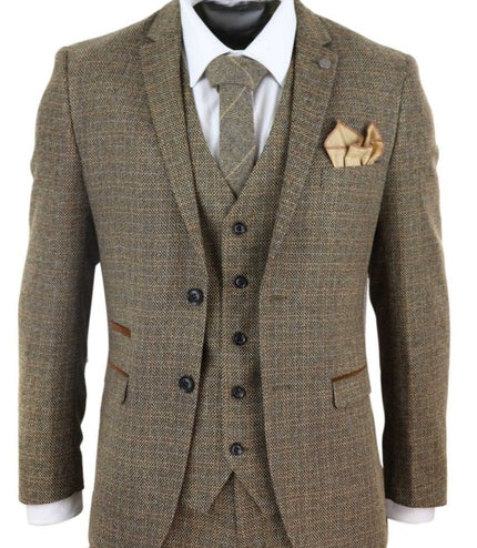 Mens 3 Piece Brown Tweed Check Vintage Retro Suit