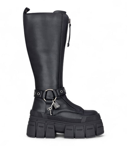 Buffalo Womens Biker Knee High Black Chunky Goth Platform Boots - Gospher Hi