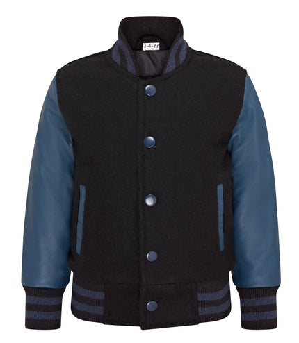 Kids Wool Varsity Black Bomber Jacket with Real Leather Sleeves