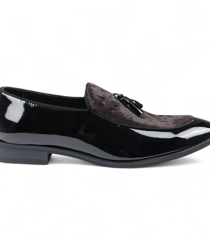Men's Black Velvet Tassel Loafers Formal Patent Dress Shoes