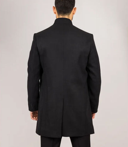 Men's Black Stand Collar Wool Blend Overcoat