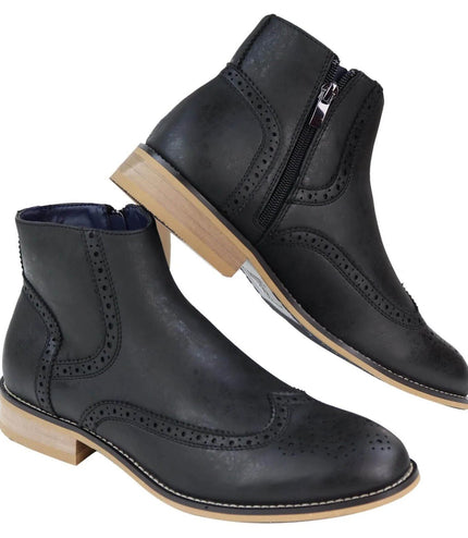 Mens Black Leather Brogue Zip Up Chelsea Boots