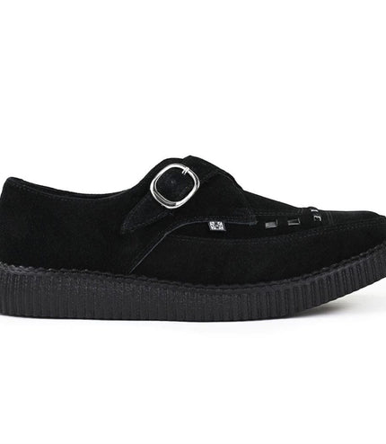 TUK Pointed Creeper Black Suede Monk Buckle Platform Shoes - A8139