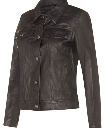 Womens Leather Trucker Jeans Jacket-Anderlecht - Black