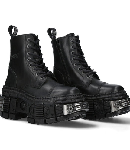 New Rock Metallic Black Leather Boots-WALL083C-S4