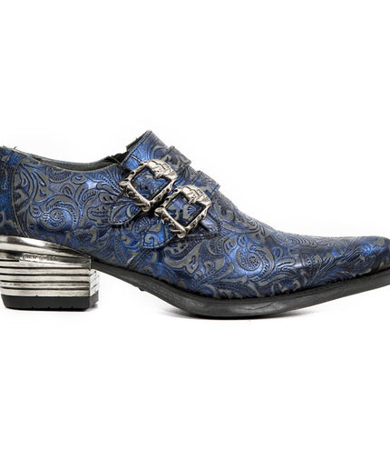 New Rock Vintage Blue Floral Leather Buckle Shoes-7960-S7