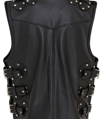 Men's Black Biker Leather Waistcoat Metal Buckles Vest - Coolgardie