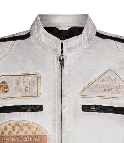 Mens Racing Leather Biker Jacket-Portland - White