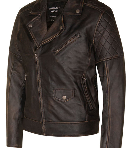 Mens Cross Zip Leather Biker Jacket - Gibraltar - Vintage Black
