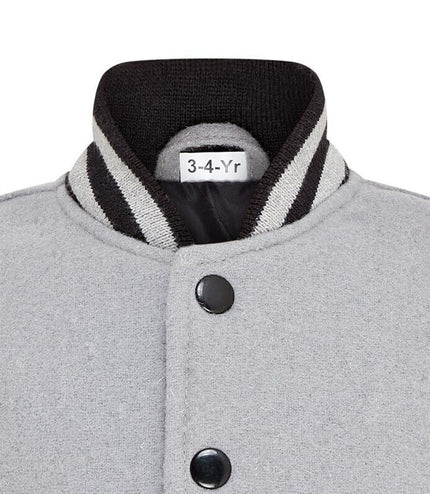 Kids Grey Wool Varsity Bomber Jacket with Real Leather Sleeves