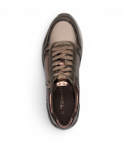 Tamaris Womens Taupe Faux Leather Fashion Lace Up Sneakers - 23613-46
