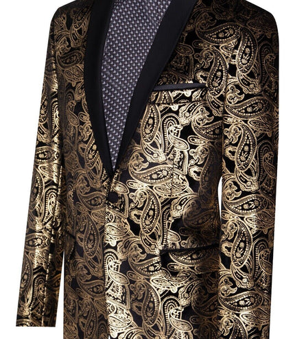 Mens Classic Gold Paisley Black Velvet Tuxedo Dinner Jacket Tailored Fit Blazer