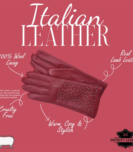 Womens Red Italian Leather Winter Studded Design Soft Wool Lining Gloves - L-GLV-601