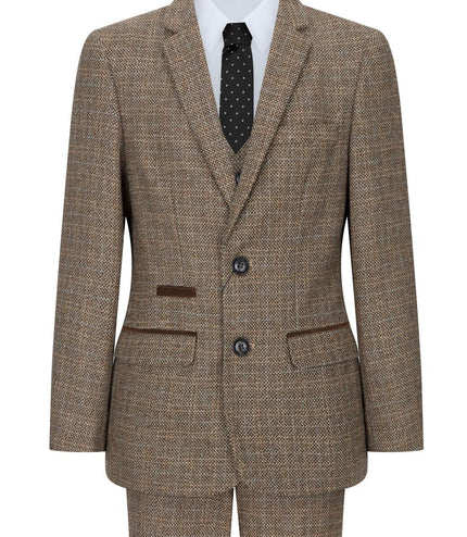 Boys 3 Piece Brown Tweed Check Vintage Retro Suit
