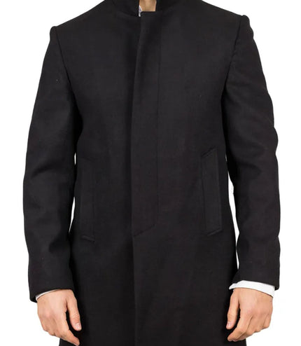 Men's Black Stand Collar Wool Blend Overcoat