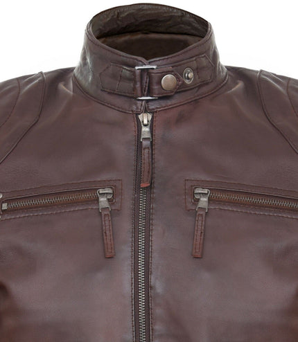 Mens Moto Leather Biker Jacket-Taiwan - Brown