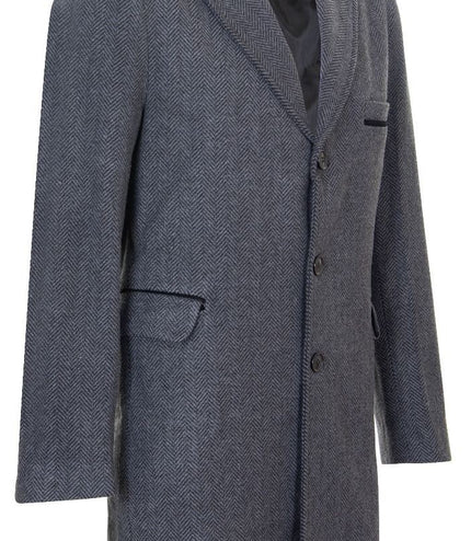 Mens 3/4 Long Grey Overcoat Jacket Herringbone Tweed Coat Peaky Blinder