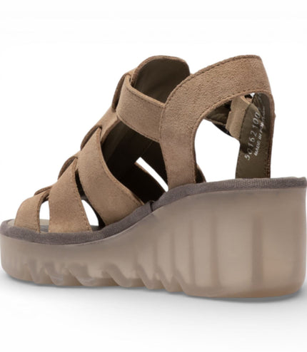 Fly London Women's BAIC621FLY Taupe Suede Leather Wedge Sandals