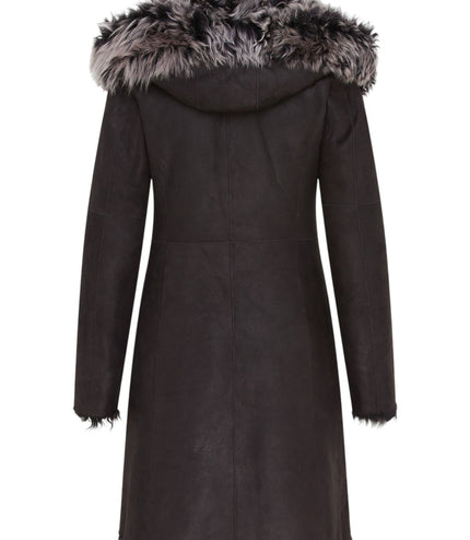 Womens Black Toscana Sheepskin Leather Hooded Trench Coat - Coast