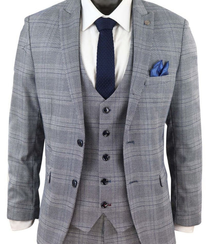 Mens 3 Piece Grey Birdseye Check Classic Suit