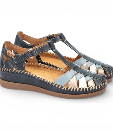 Pikolinos Women's Ocean Blue Leather Semi-Open Wedge Sandal Shoes - Cadaques