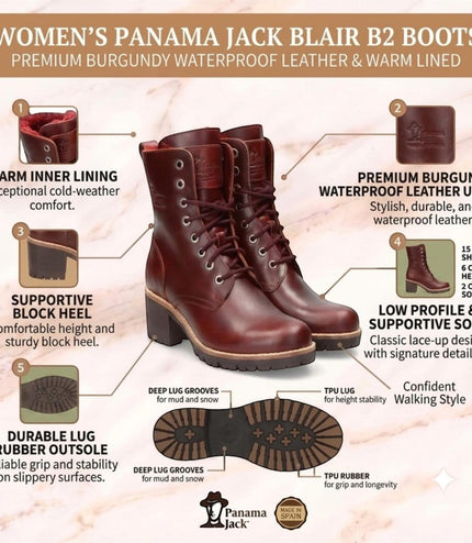Panama Jack Women's Burgundy Leather Waterproof Warm Lace-Up Boots - Padma B25