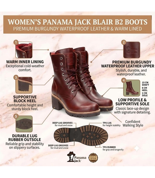 Panama Jack Women's Burgundy Leather Waterproof Warm Lace-Up Boots - Padma B25