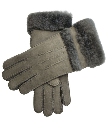 Infinity Leather Womens Grey Sheepskin Suede Gloves with Roll Up/Down Cuff