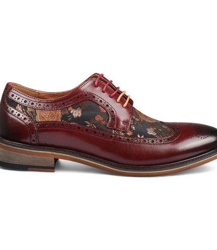 Justin Reess Men's Wine Leather Floral Print Brogue Dress Shoes - Ross