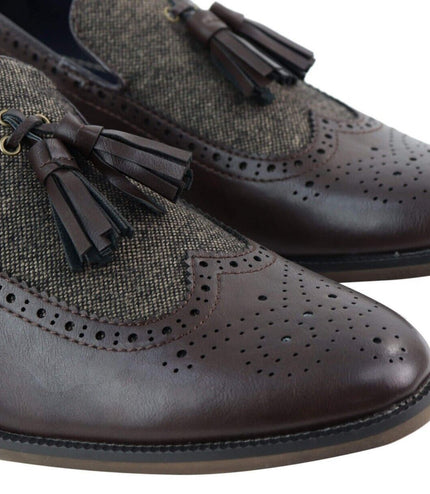 Mens Tasselled Brown Leather Tweed Brogue Slip On Loafers