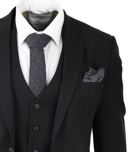 Mens 3 Piece Plain Black Classic Retro Tailored Suit