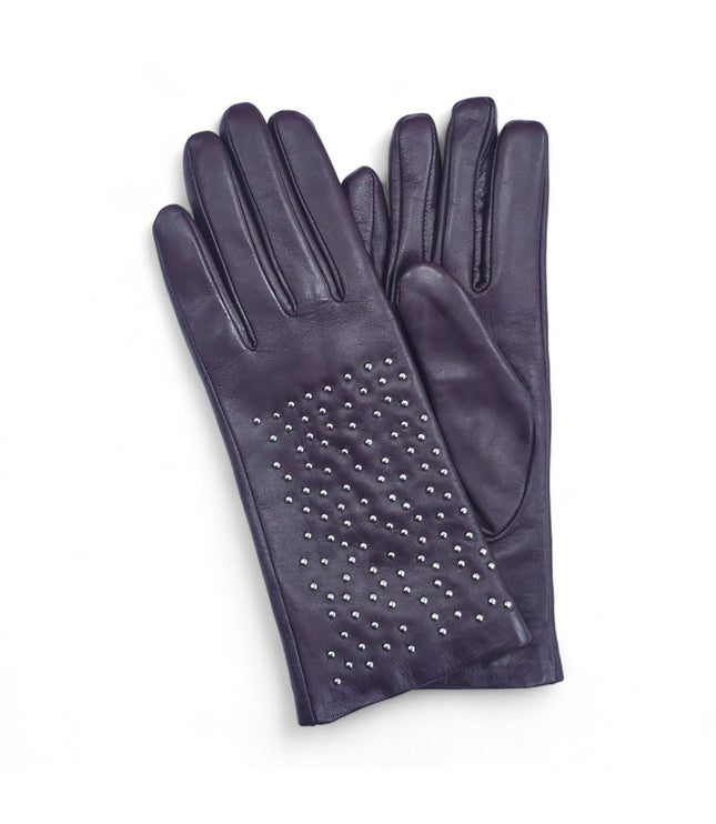 Womens Purple Italian Leather Winter Studded Design Soft Wool Lining Gloves - L-GLV-601