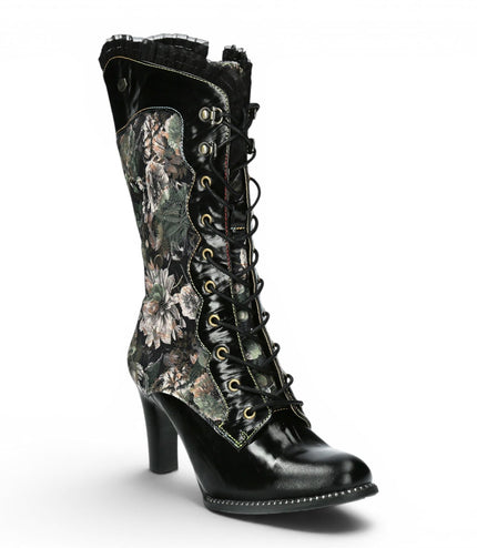Laura Vita Floral Womens Goth Victorian Black Leather Heeled High Boots - Alcbane-351