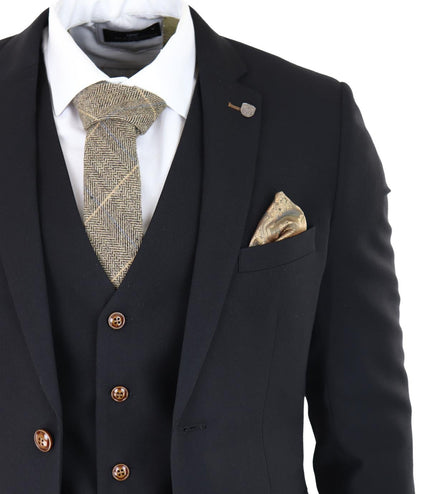 Mens Black 3 piece Suit Brown Trim Classic Birdseye Vintage Wedding Grooms