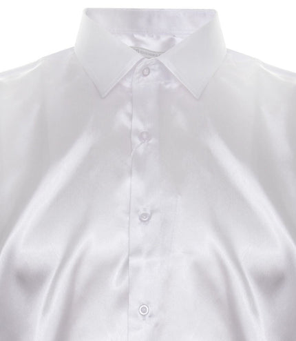 Mens White Satin Silk Shirt Smart Casual Button Down Cuff Tailored Fit