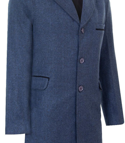 Mens 3/4 Long Navy Overcoat Jacket Herringbone Tweed Coat Peaky Blinder