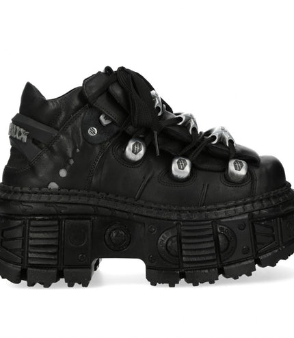 New Rock M-Overz106B-C1 Metallic Chunky Black Leather Gothic Ankle Boots