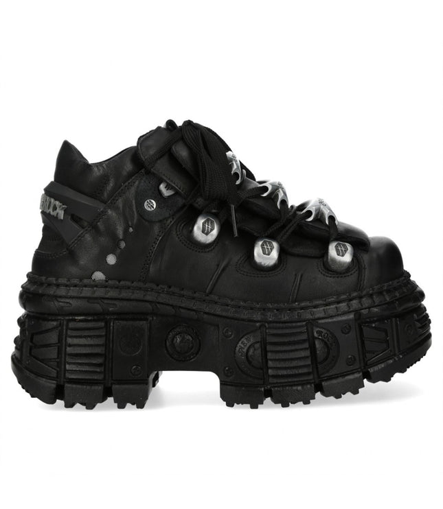 New Rock M-Overz106B-C1 Metallic Chunky Black Leather Gothic Ankle Boots