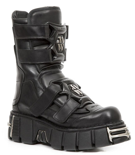 New Rock Punk Mid Calf Black Leather Boots-M-422-S1